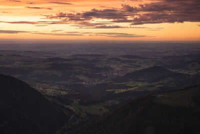 High angle view of landscape against sky during sunset