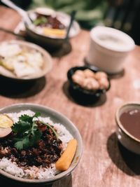 High angle view of meal served on table