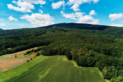 Sleza mountain landscape. aerial view of mountains with forest.