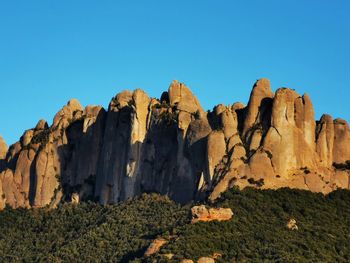 Rock formations on landscape against clear blue sky