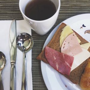 High angle view of breakfast on table