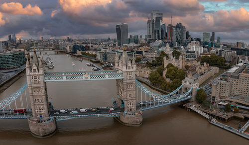 Aerial view of the tower bridge, central london, from the south bank of the thames.