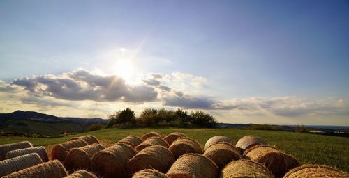Hay bales on field against sky