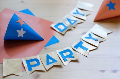 High angle view of party sign on table