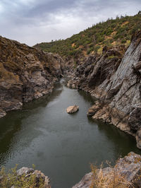 Scenic view of river amidst mountains against sky