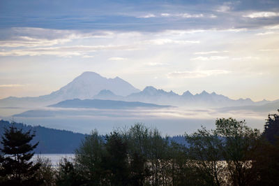 Scenic view of silhouette mountains against sky during sunset