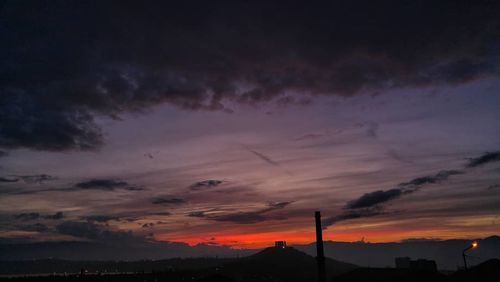 Silhouette buildings against dramatic sky during sunset