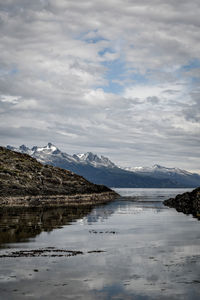 Scenic view of lake and mountains against sky