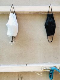 High angle view of clothes hanging on wall