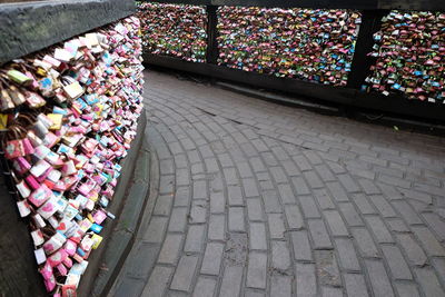 High angle view of padlocks on street