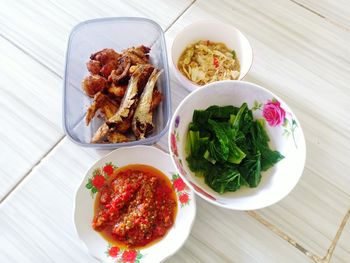 High angle view of meal served on table