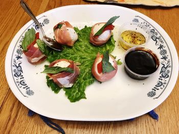 High angle view of breakfast served on table