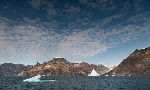 Scenic view of sea by mountains against sky