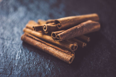 High angle view of cinnamon on table