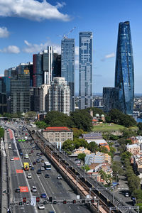 High angle view of buildings in city