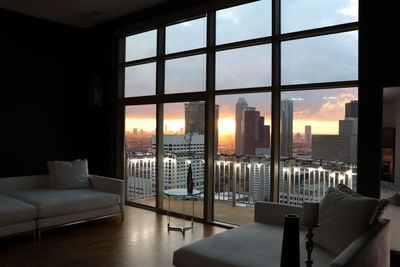 Buildings seen through window at home