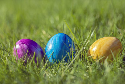 Close-up of easter eggs on grassy field