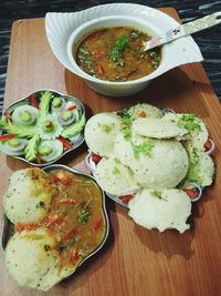 High angle view of food served on table