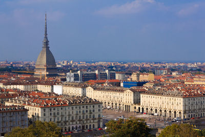 High angle view of buildings in city