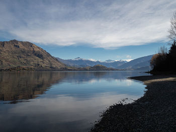 Scenic view of lake by mountains against sky