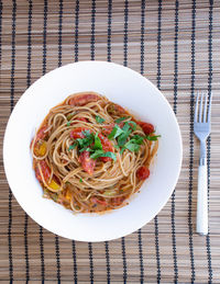 High angle view of noodles in bowl on table