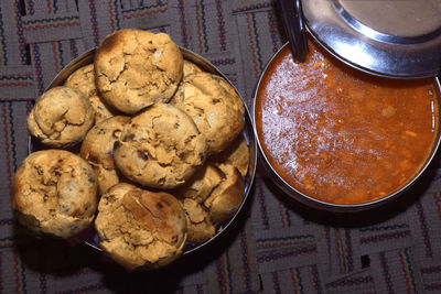 High angle view of cookies in plate on table
