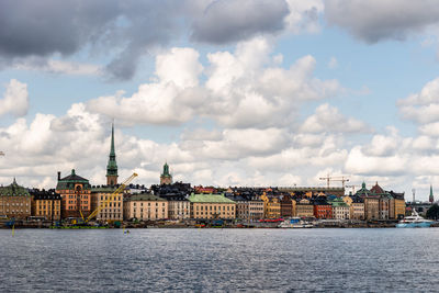 View of buildings by river against cloudy sky