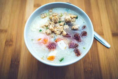 High angle view of breakfast served on table