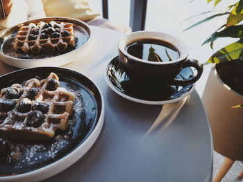 High angle view of breakfast on table