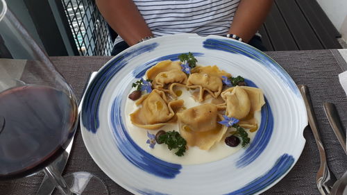 High angle view of food in plate on table