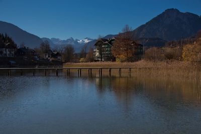 Scenic view of lake and mountains against clear sky