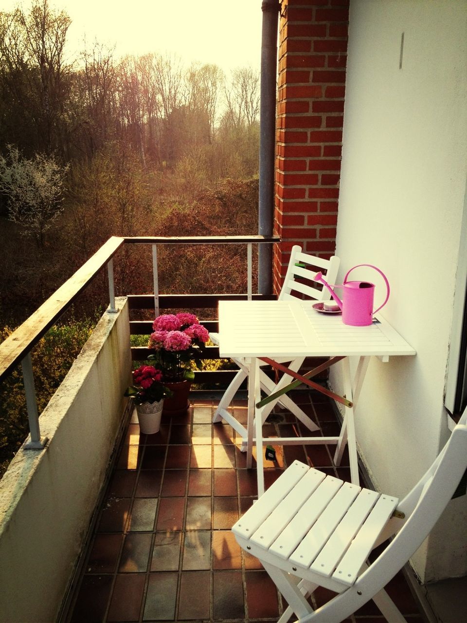 built structure, architecture, railing, plant, chair, building exterior, growth, tree, sunlight, empty, absence, potted plant, table, day, high angle view, no people, nature, steps, staircase, outdoors