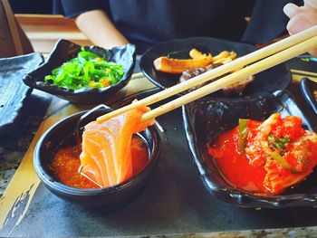 High angle view of seafood in plate on table