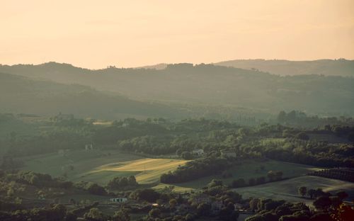 High angle view of landscape against sky during sunset