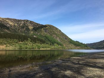 Scenic view of lake by mountains against sky