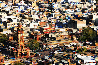 High angle view of buildings on sunny day in city