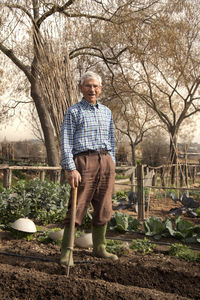 Portrait of senior farmer holding work tool while standing on field