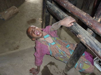 High angle view of man climbing outdoors