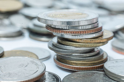 High angle view of coins