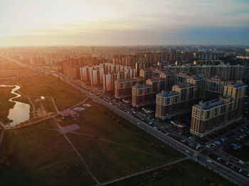 High angle view of street amidst buildings in city