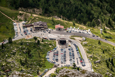 High angle view of buildings in city