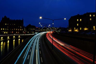 Light trails on road at night