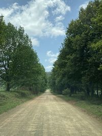 Empty road amidst trees against sky