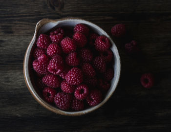 High angle view of strawberries in bowl on table