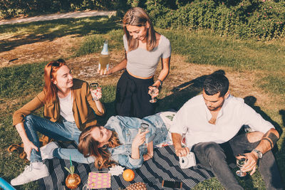 High angle view of young multi-ethnic friends enjoying picnic during summer at back yard