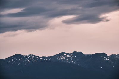 Scenic view of snowcapped mountains against sky during sunset