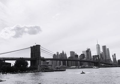 Suspension bridge over river against sky in city