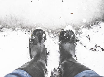 Low section of man standing on wet land