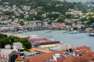 High angle view of townscape and buildings in city