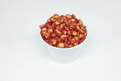Close-up of strawberries in bowl against white background